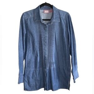 Premier International Vintg Blue Denim Pintuck Long Sleeve Button Front Shirt M